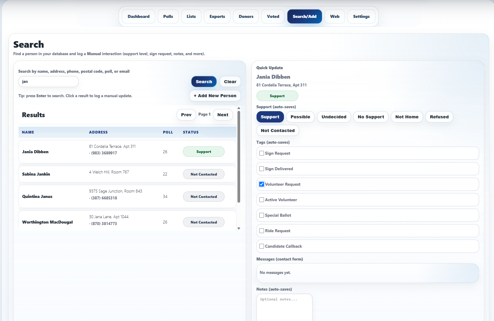 CampaignGateway campaign database software screenshot showing Manage voter records, supporter IDs, walk lists, phone lists, requests, and campaign notes in one practical campaign database (image 2)
