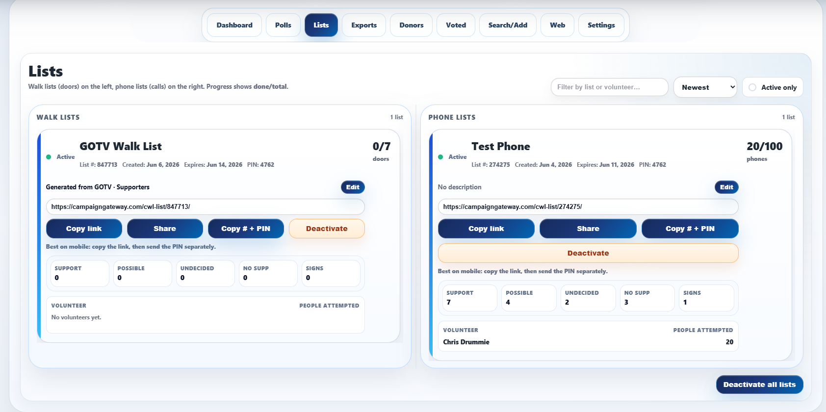 CampaignGateway campaign database software screenshot showing Manage voter records, supporter IDs, walk lists, phone lists, requests, and campaign notes in one practical campaign database (image 3)