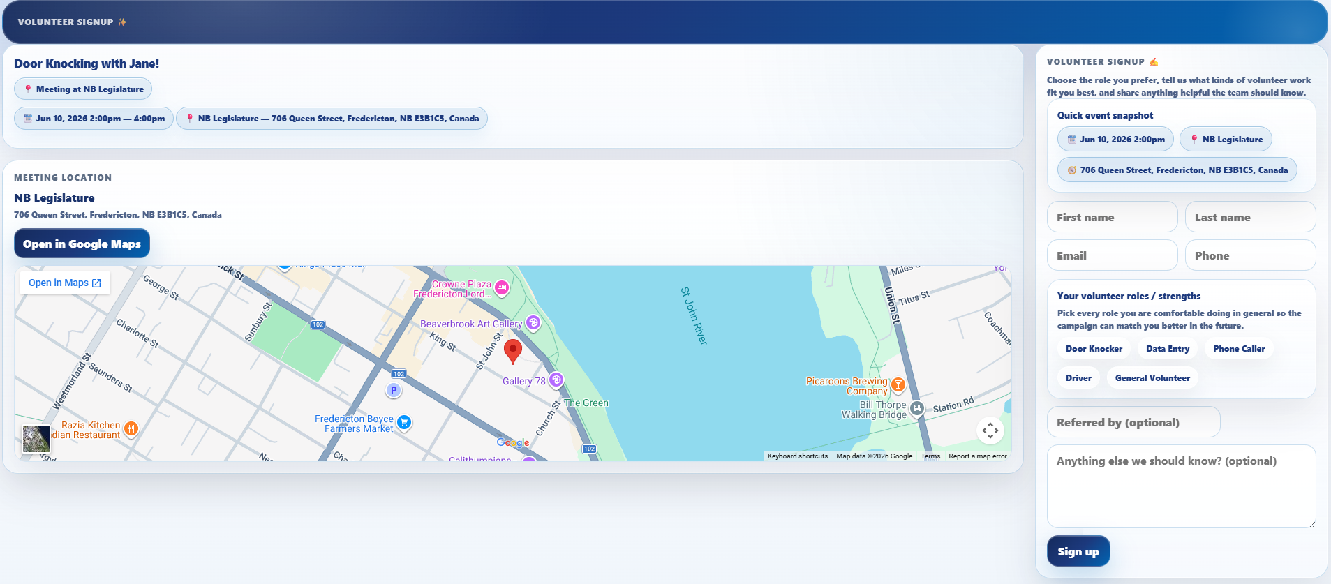 CampaignGateway volunteer tools screenshot showing Coordinate volunteers, track outreach, and keep your field effort organized (image 2)
