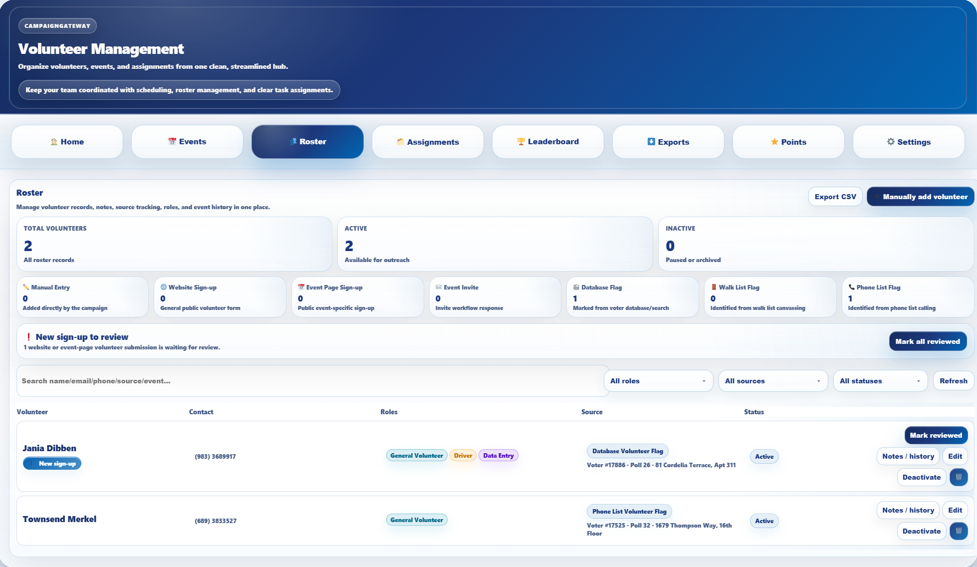 CampaignGateway volunteer tools screenshot showing Coordinate volunteers, track outreach, and keep your field effort organized (image 3)